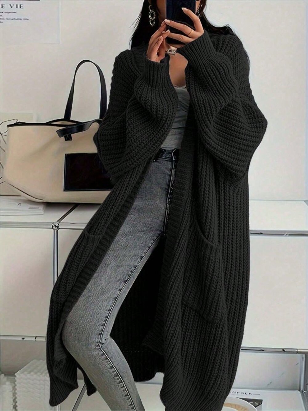 Black Casual Women's Elegant Commute Knit Long Cardigan Sweater